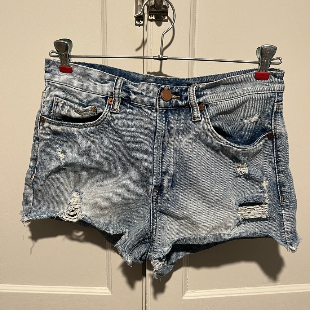 BlankNYC High Rise Distressed Blue Denim Shorts